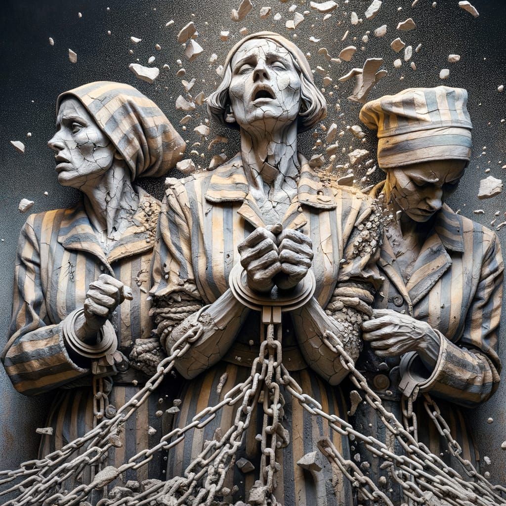 Sculpture of Women Breaking Free from Shackles