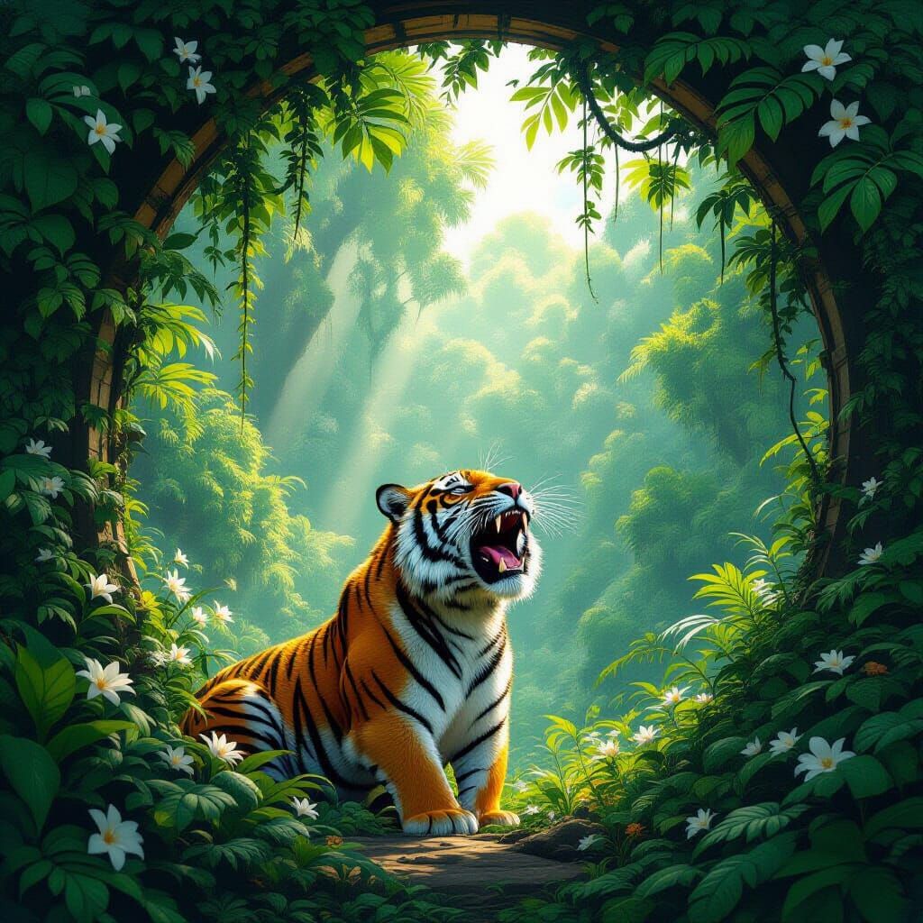 Lush Rainforest with Roaring Tiger in Digital Painting Style