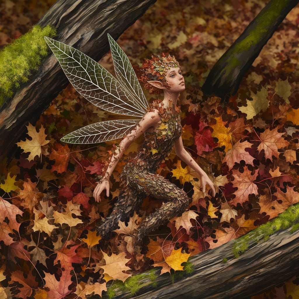 Forest Fairy Camouflaged in Autumn Leaves