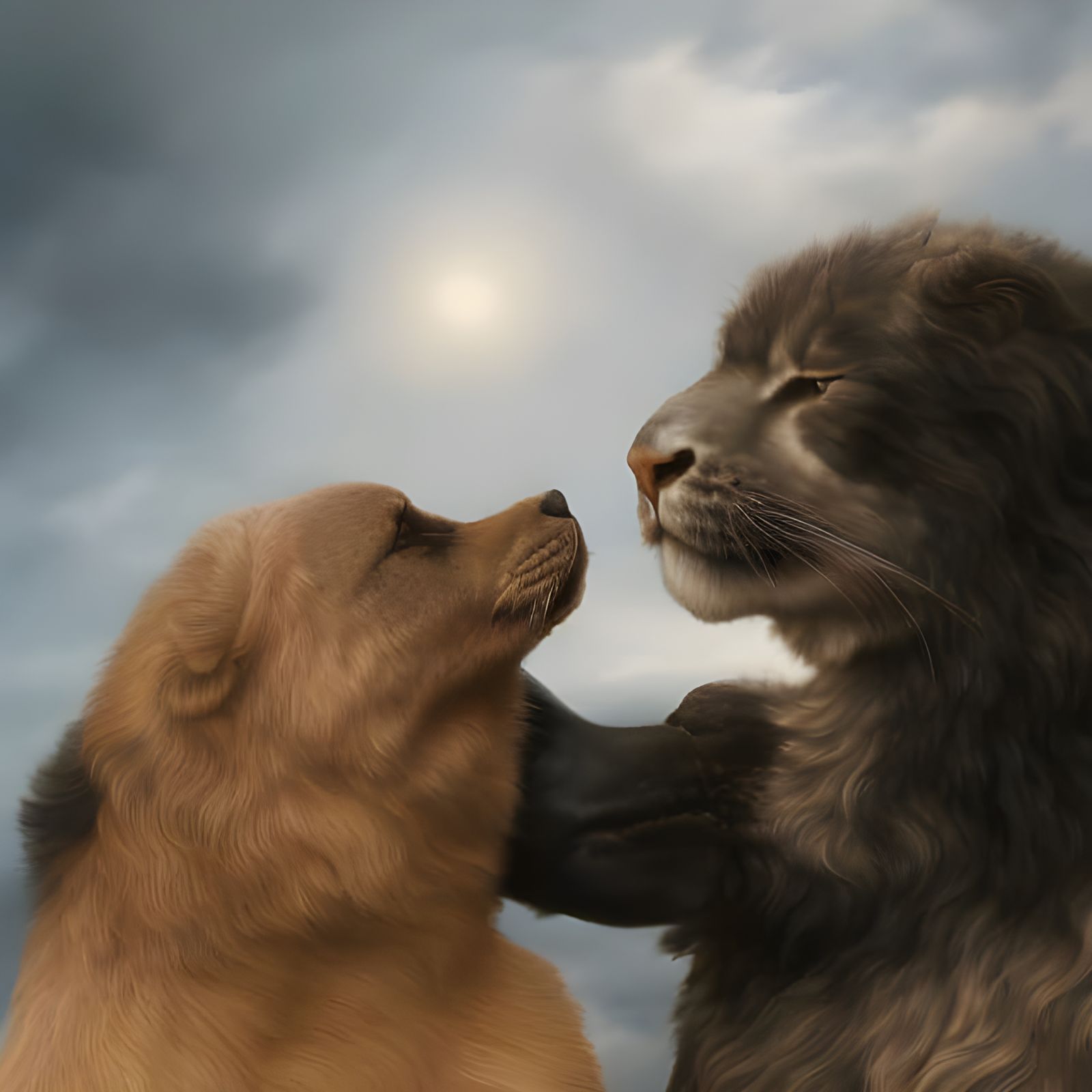 Affectionate Dogs Nuzzle Cat in Photorealistic Painting