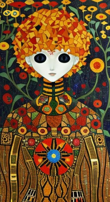 Marigolds, Robot and Fairy in Klimt-Kusama Style