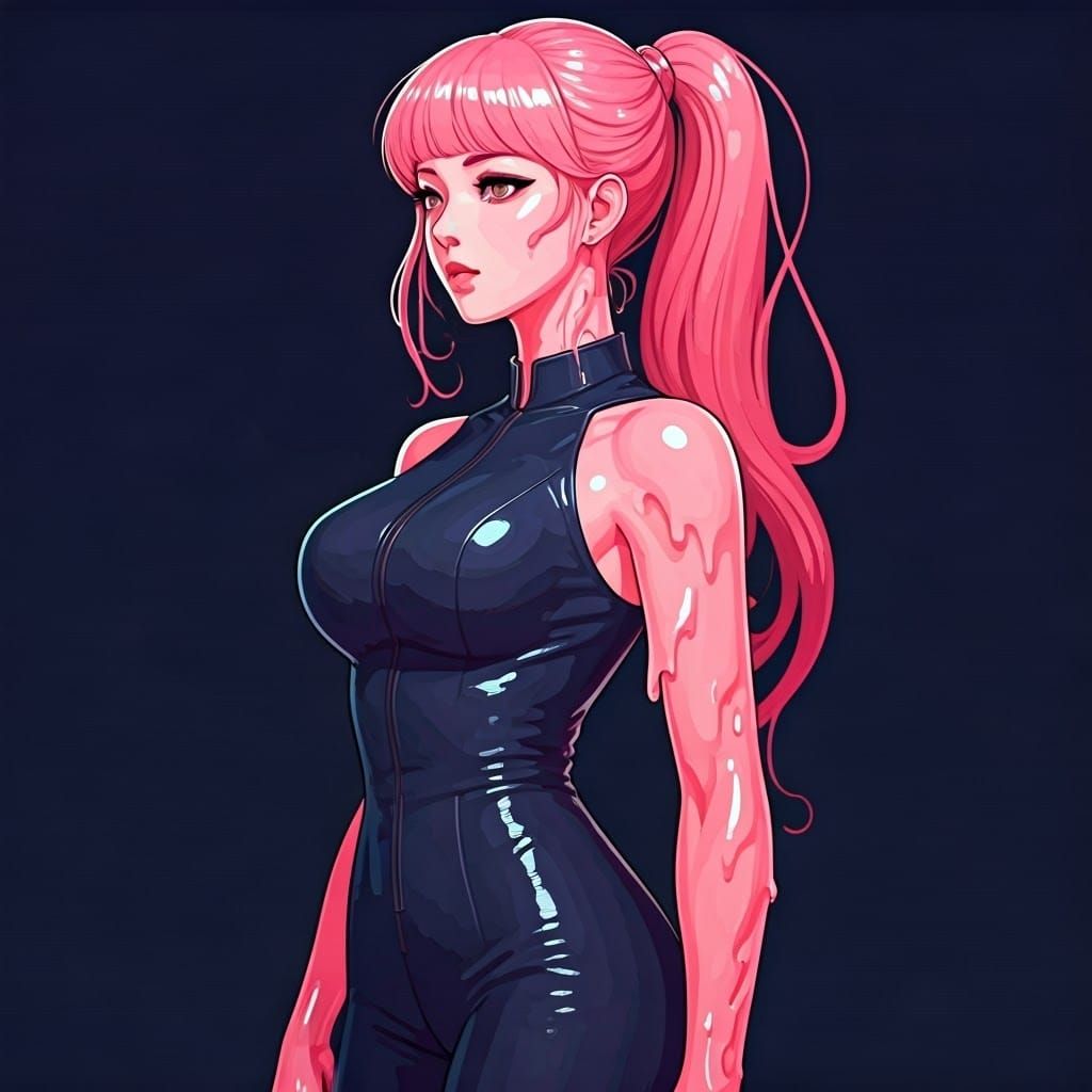 Fantasy Concept Art of a Vibrant Pink Korean Woman in a Navy...
