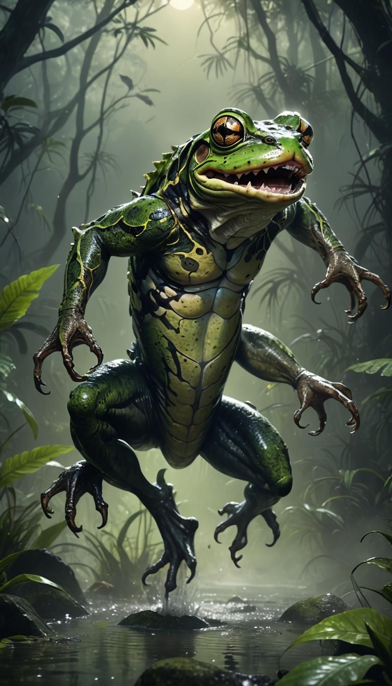 Terrifying Tiger-Frog Hybrid in Misty Jungle, Digital Art