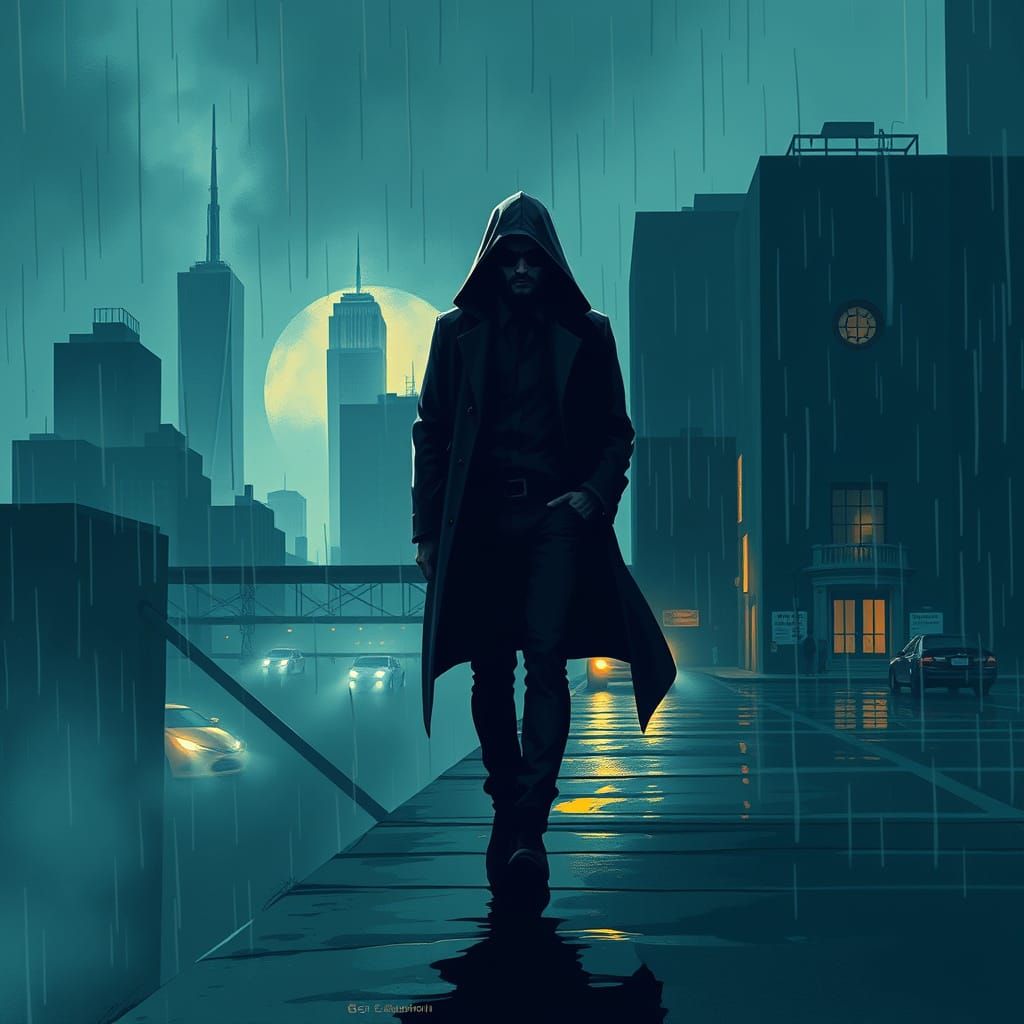 Cool, Moody Cityscape in a Dark, Film-Noir Aesthetic