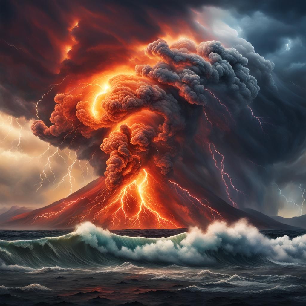 Hyperrealistic Hurricane with Volcanoes and Lightning