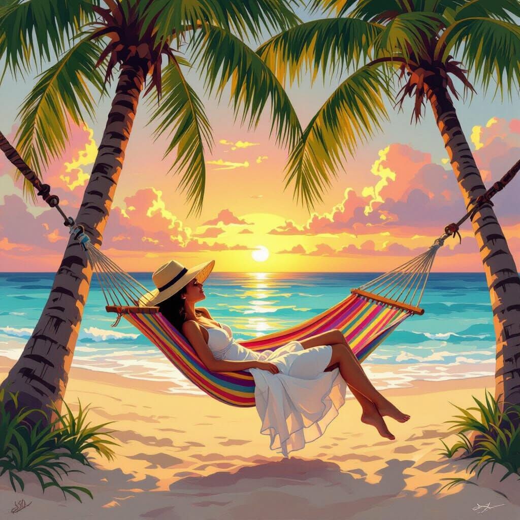 Tropical Hammock Scene at Sunset, Digital Matte Painting