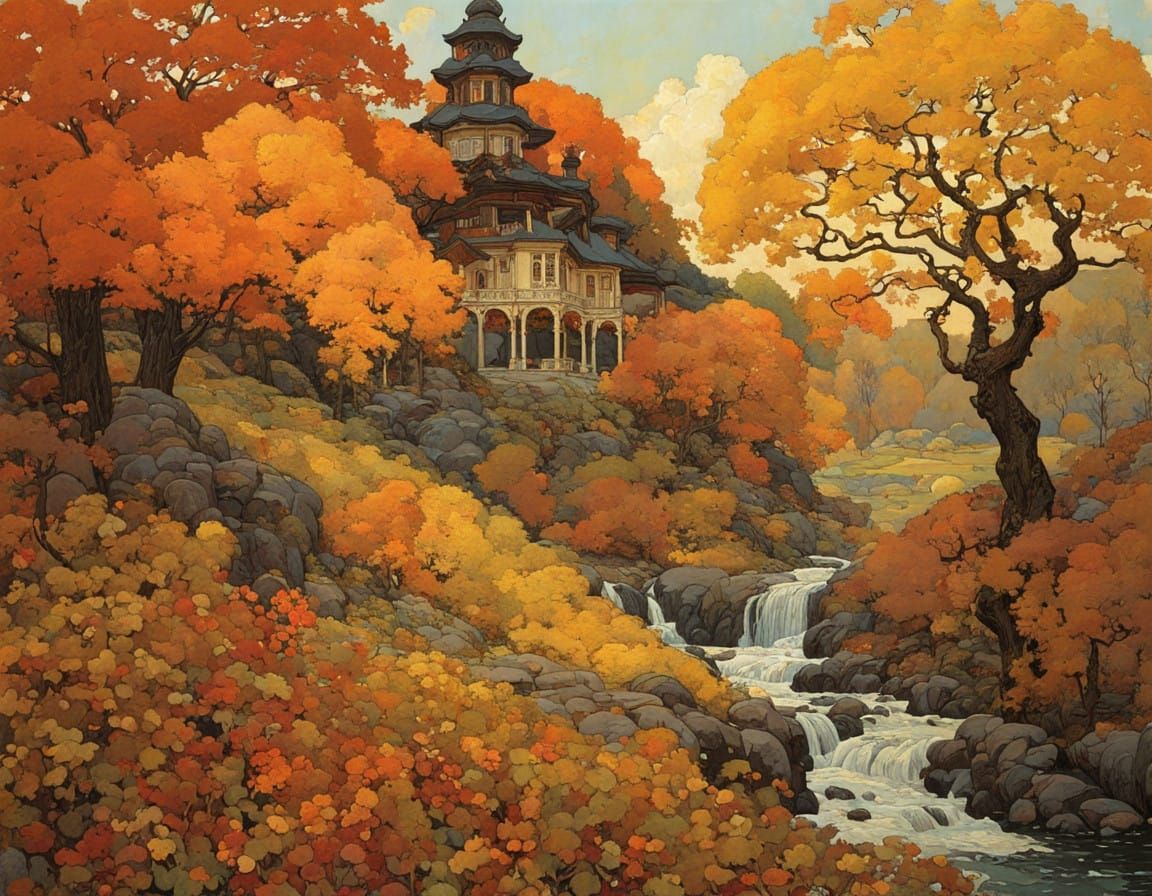 Autumn Landscape in Whimsical Art Nouveau Style