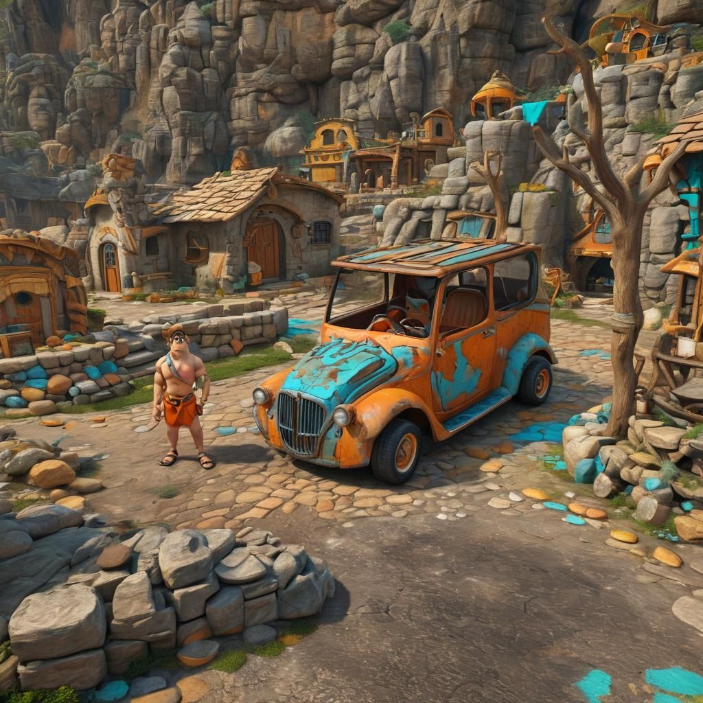 Fred Flintstone Concept Art in Bedrock Village