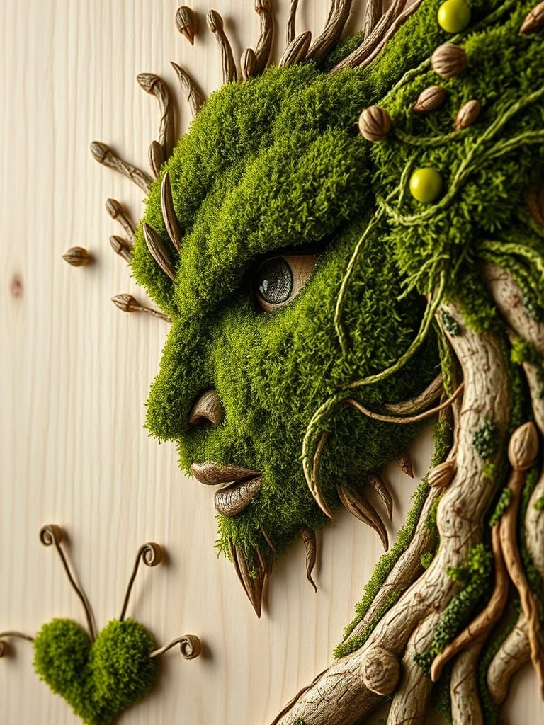 Pyrographically Whittled Moss Portrait in the Intensely Finite Days When the Walls Had Eyes and 3D Doodlecraft Was a Way...