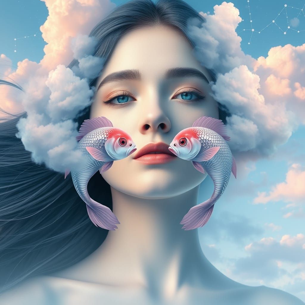 Ethereal Pisces Woman Enveloped by Celestial Fish