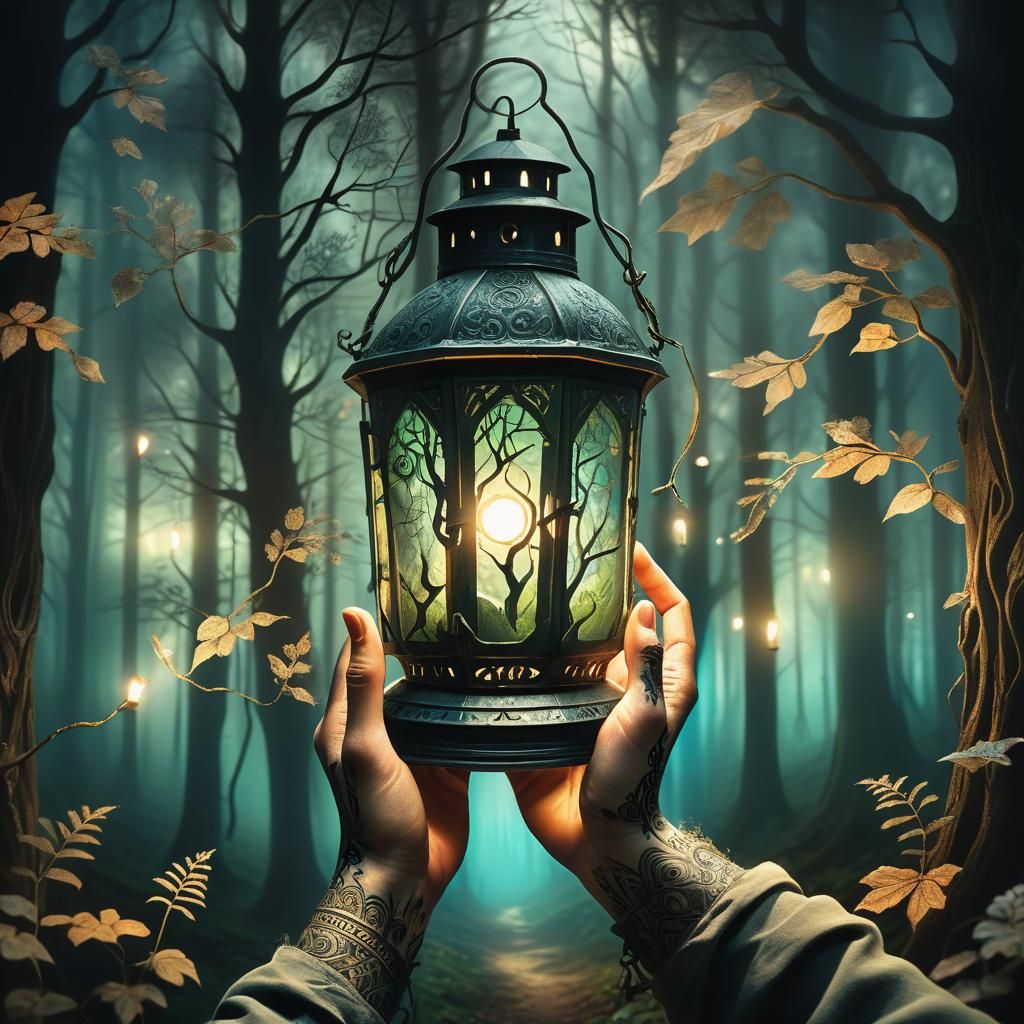 Mystical Forest Lantern: Illuminated Manuscript Art