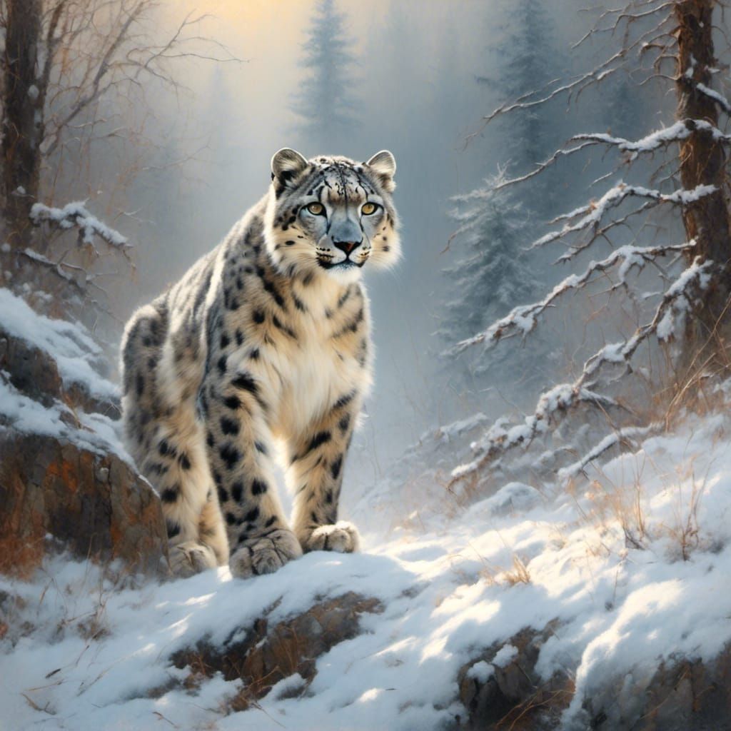 Snow Leopard Stalking Through Snowy Mountain Forest