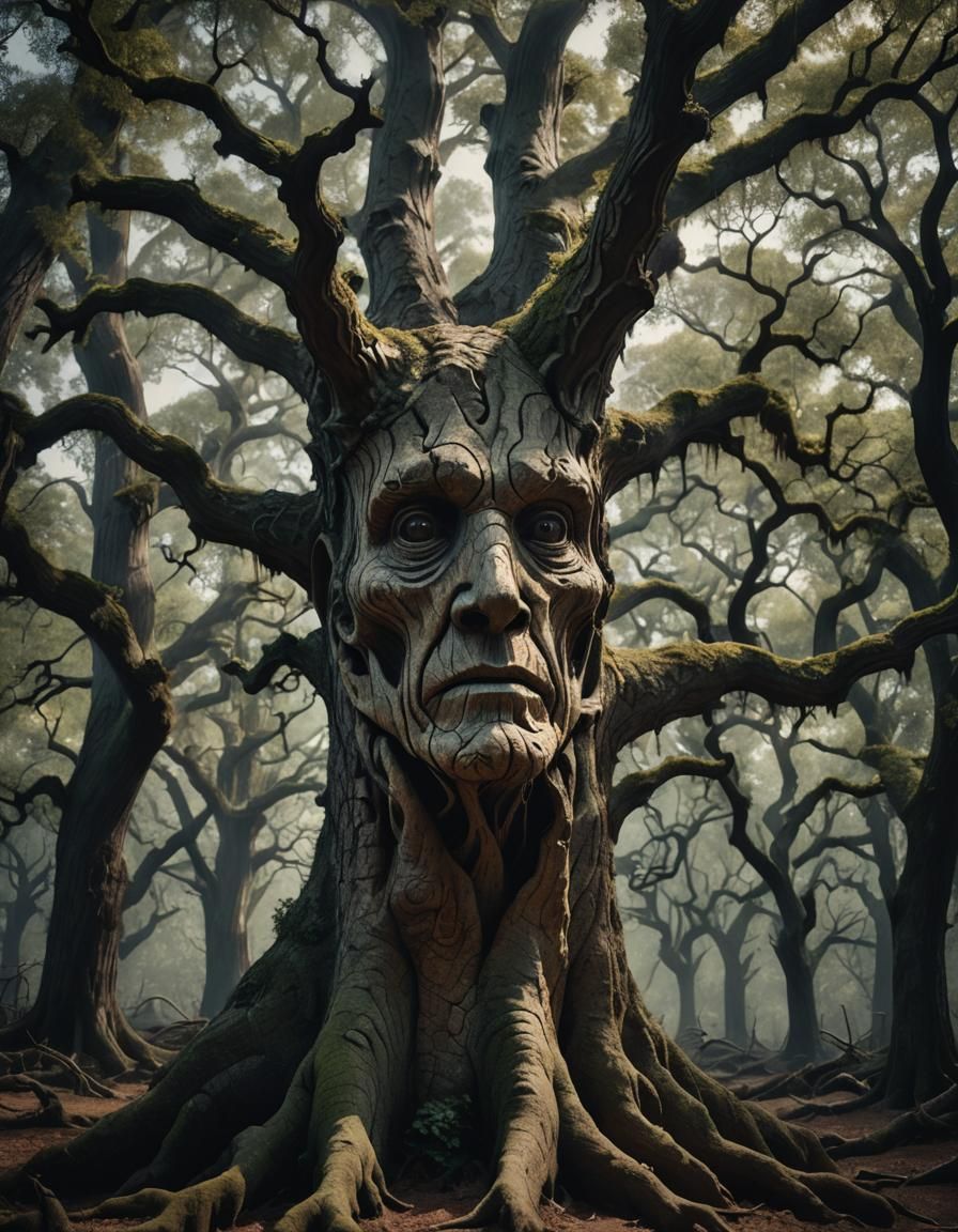 Twisted Oak Tree with Soulful Face in Dark Forest