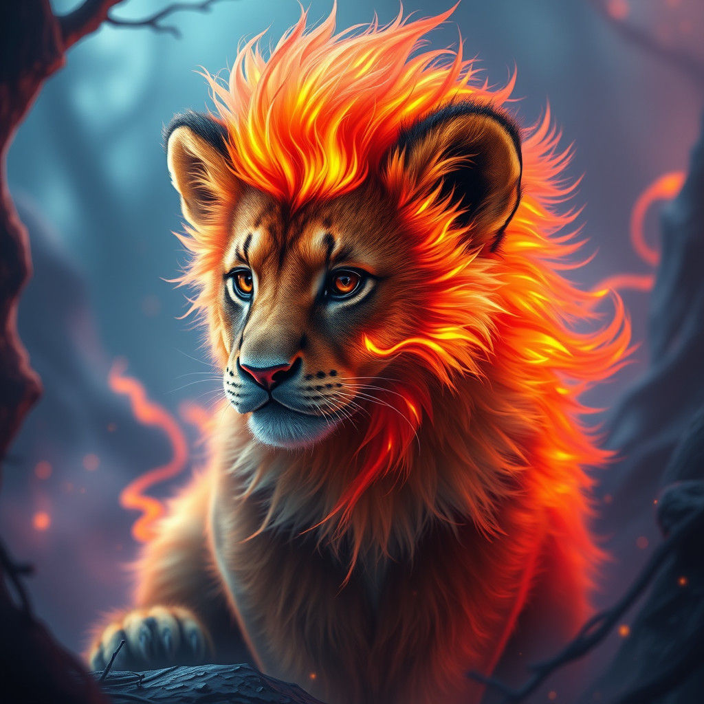 Fiery Lion Cub in a Fantasy Landscape