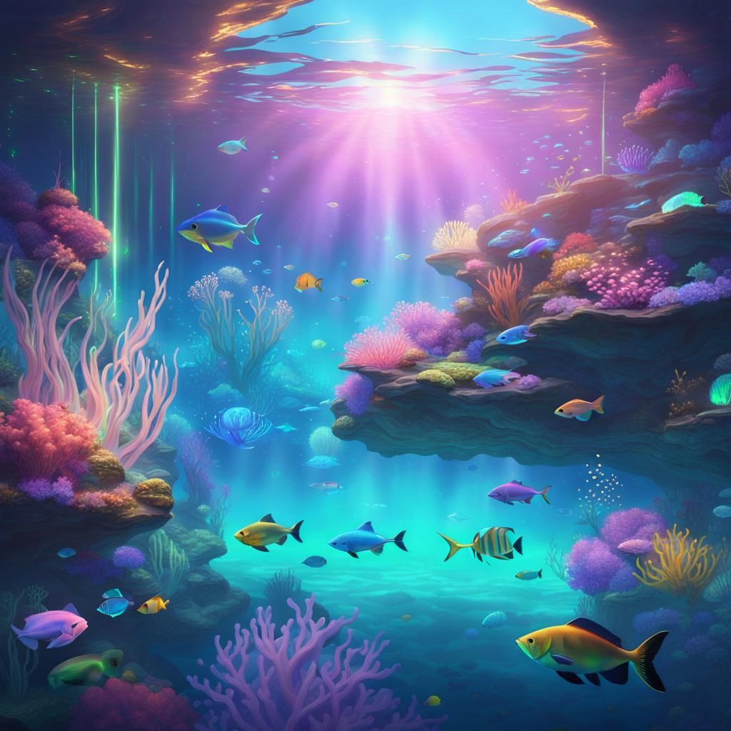 Pastel Holographic Bioluminescent Underwater Dreamscape