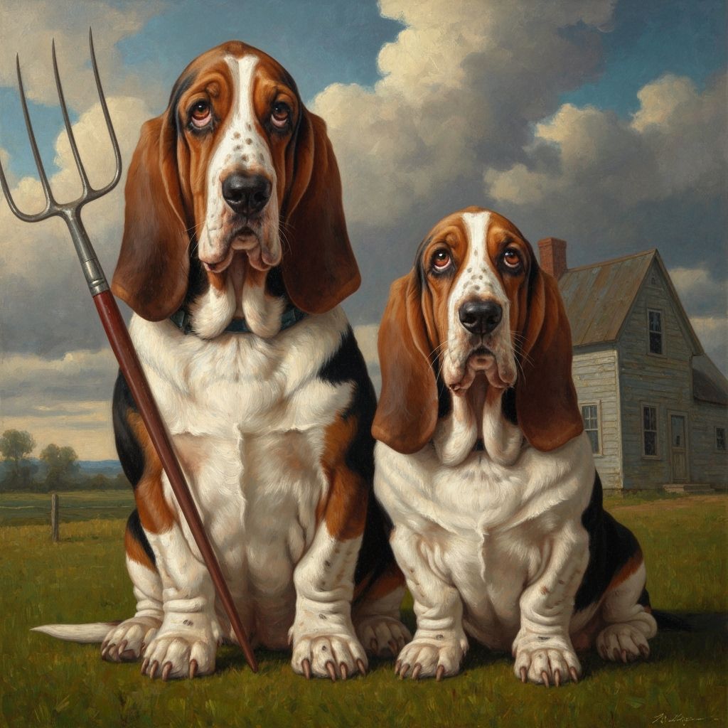 Basset Hounds Recreate American Gothic Oil Painting