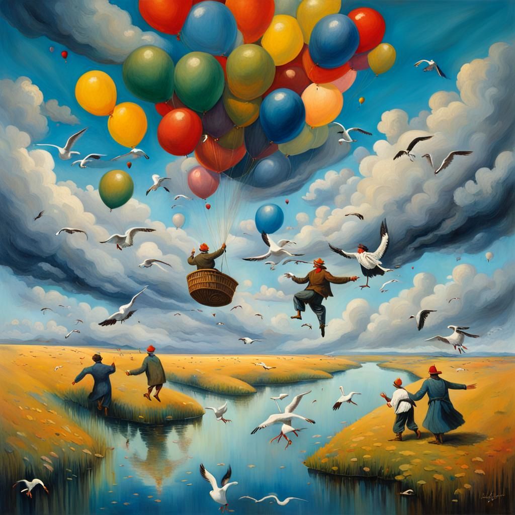 Surrealist Sky with Clown, Fisherman and Balloons
