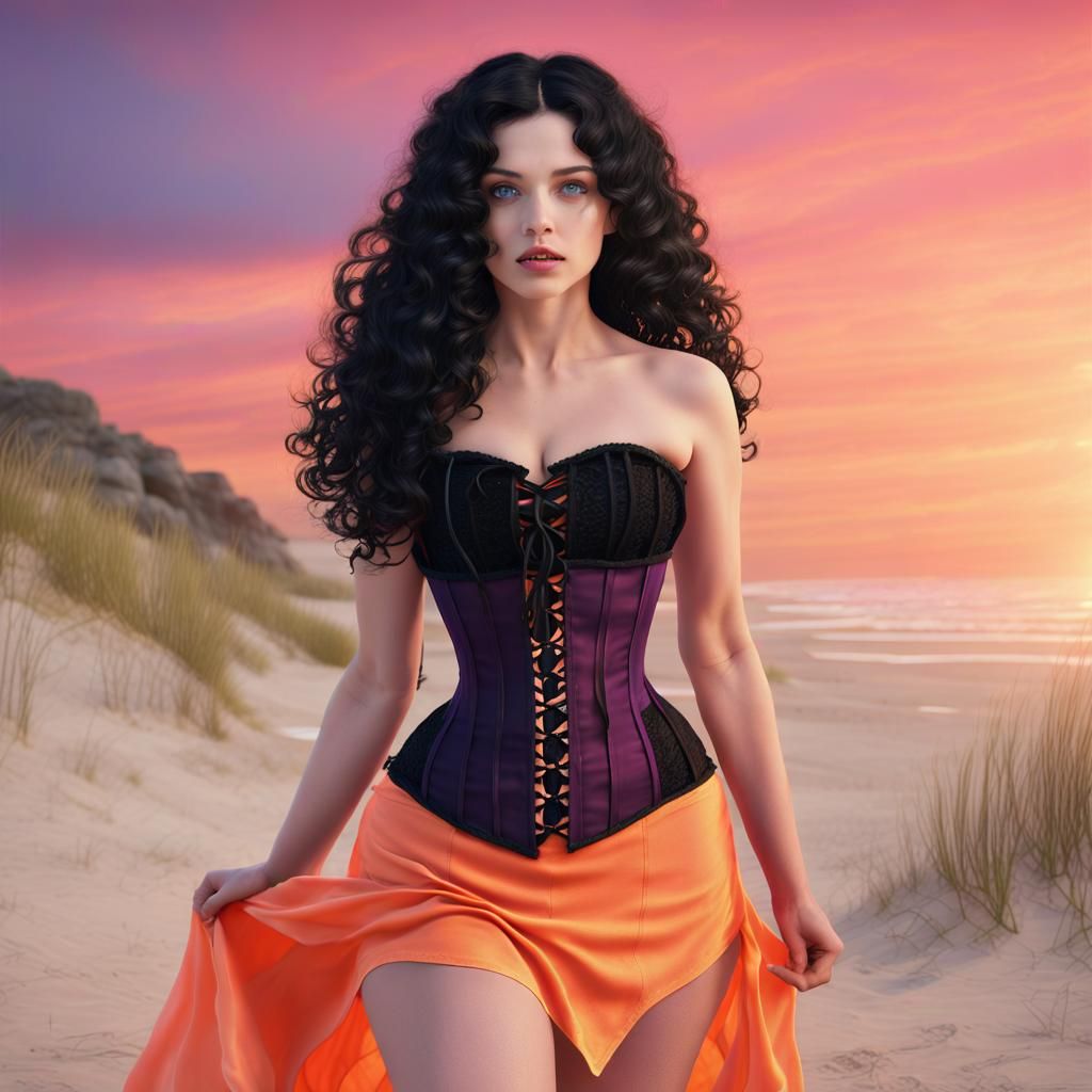 Summer Witch on Beach at Sunset: Digital Painting