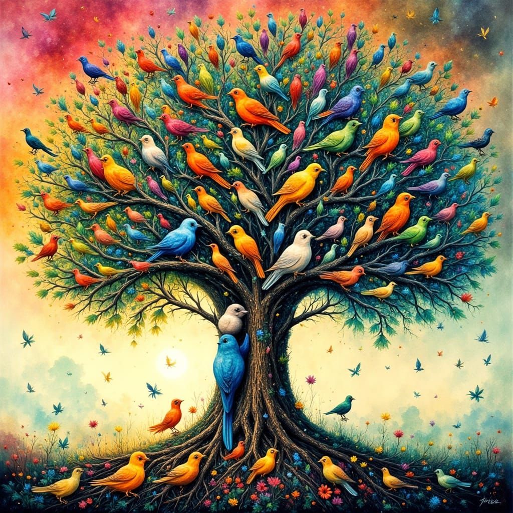 Abstract Birds in a Tree, Paul Klee Style