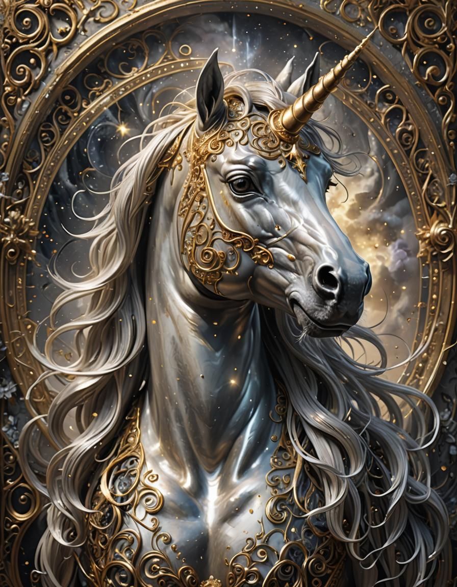 Mystical Unicorn Face with Silver and Gold Details