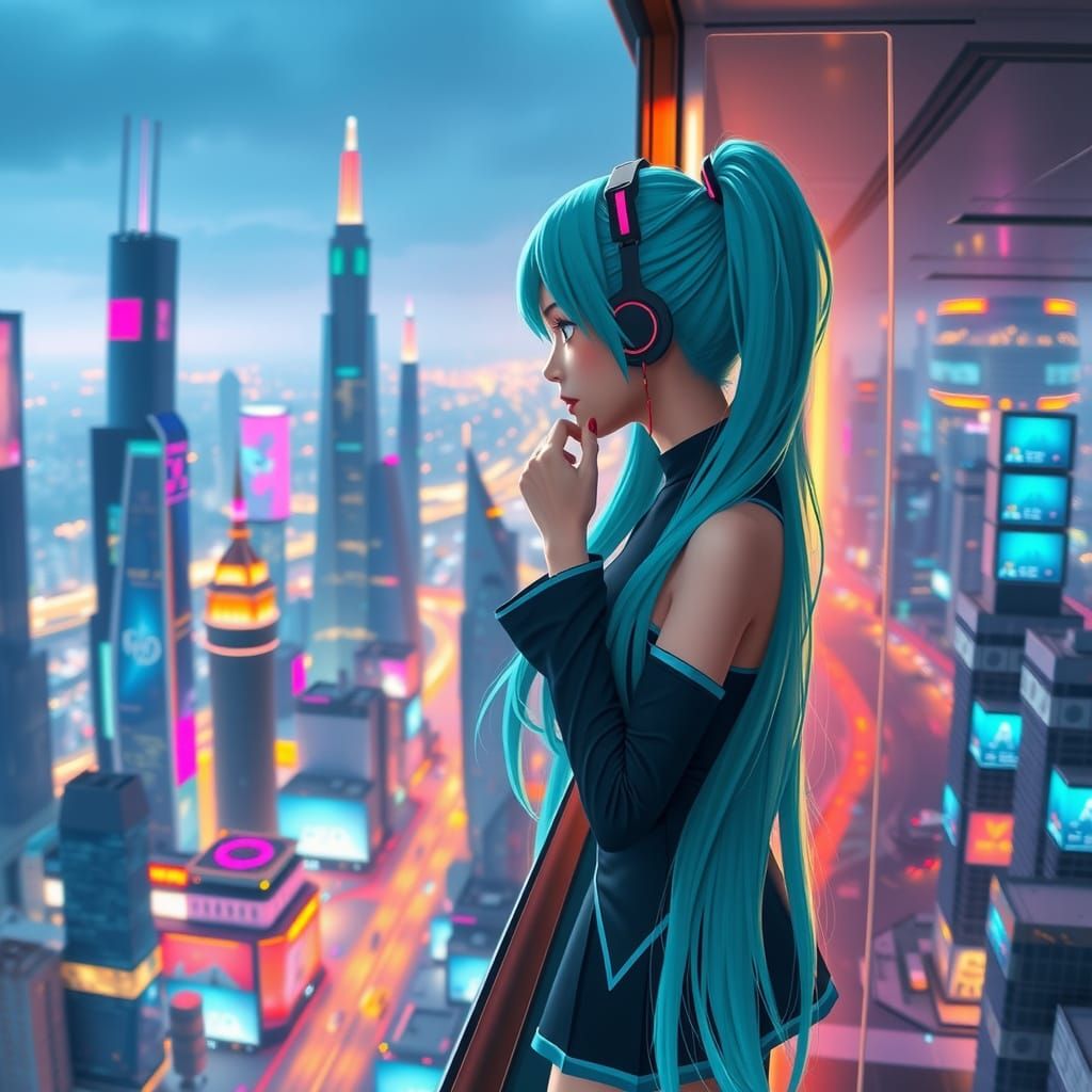 Surreal Futuristic Cityscape with Hatsune Miku in Hyperreali...
