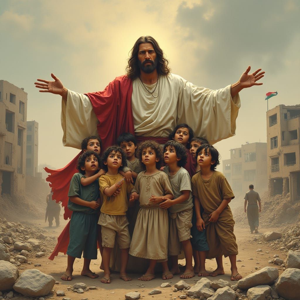 Jesus Protects Frightened Palestinian Children in War-Torn G...