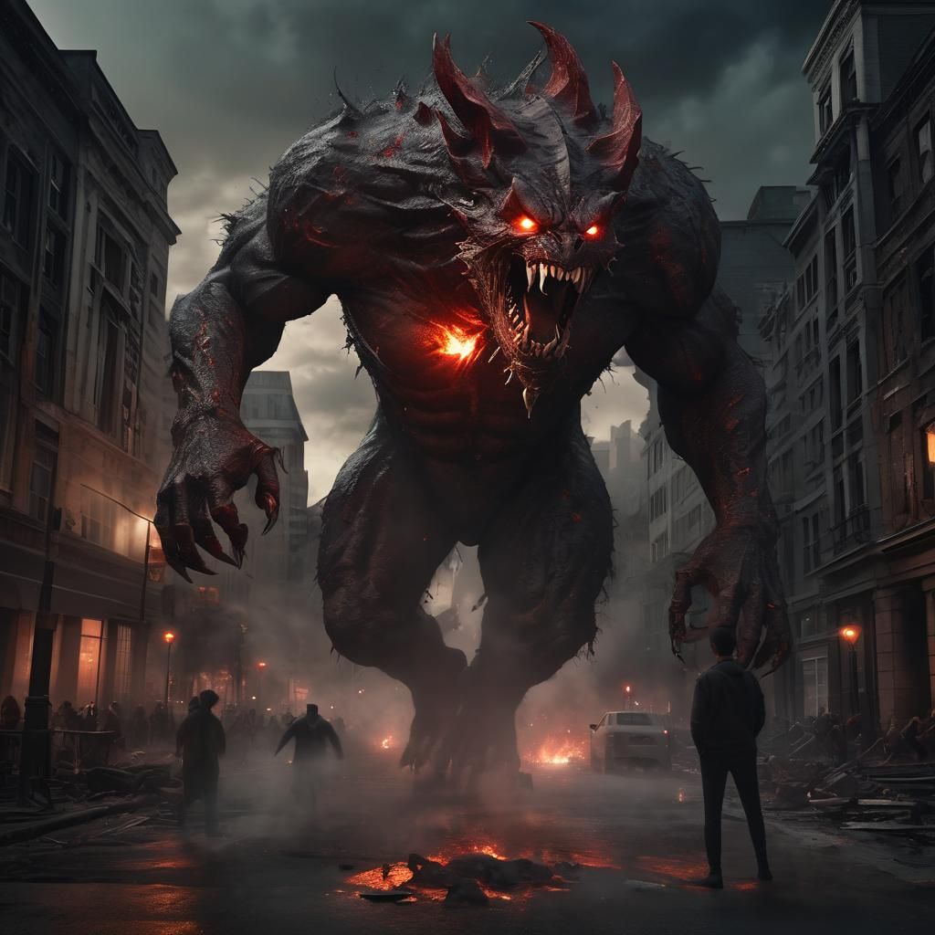 A hyperrealistic Picture of an evil creature with twelve gig...