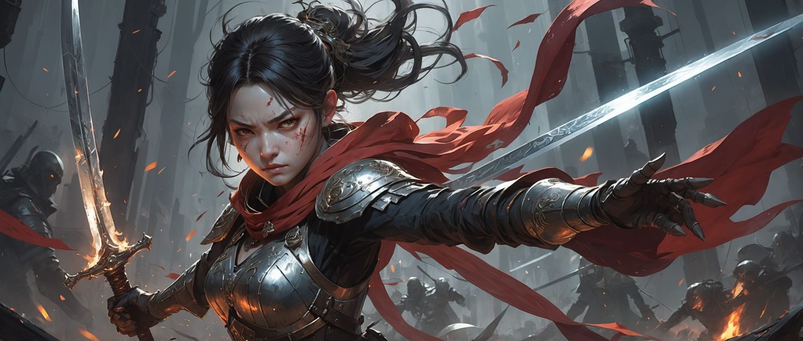 (in Krenz Cushart style:1.2), masterpiece, A ghostly swordswoman, her face partially illuminated by the blade of her cra...