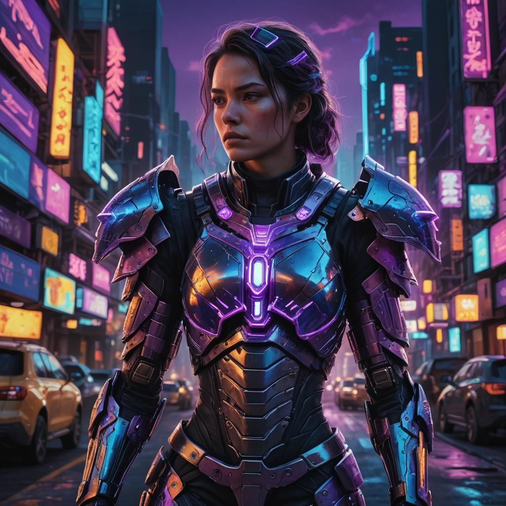 Neon Cityscape Armor: Hyperrealistic Concept Art