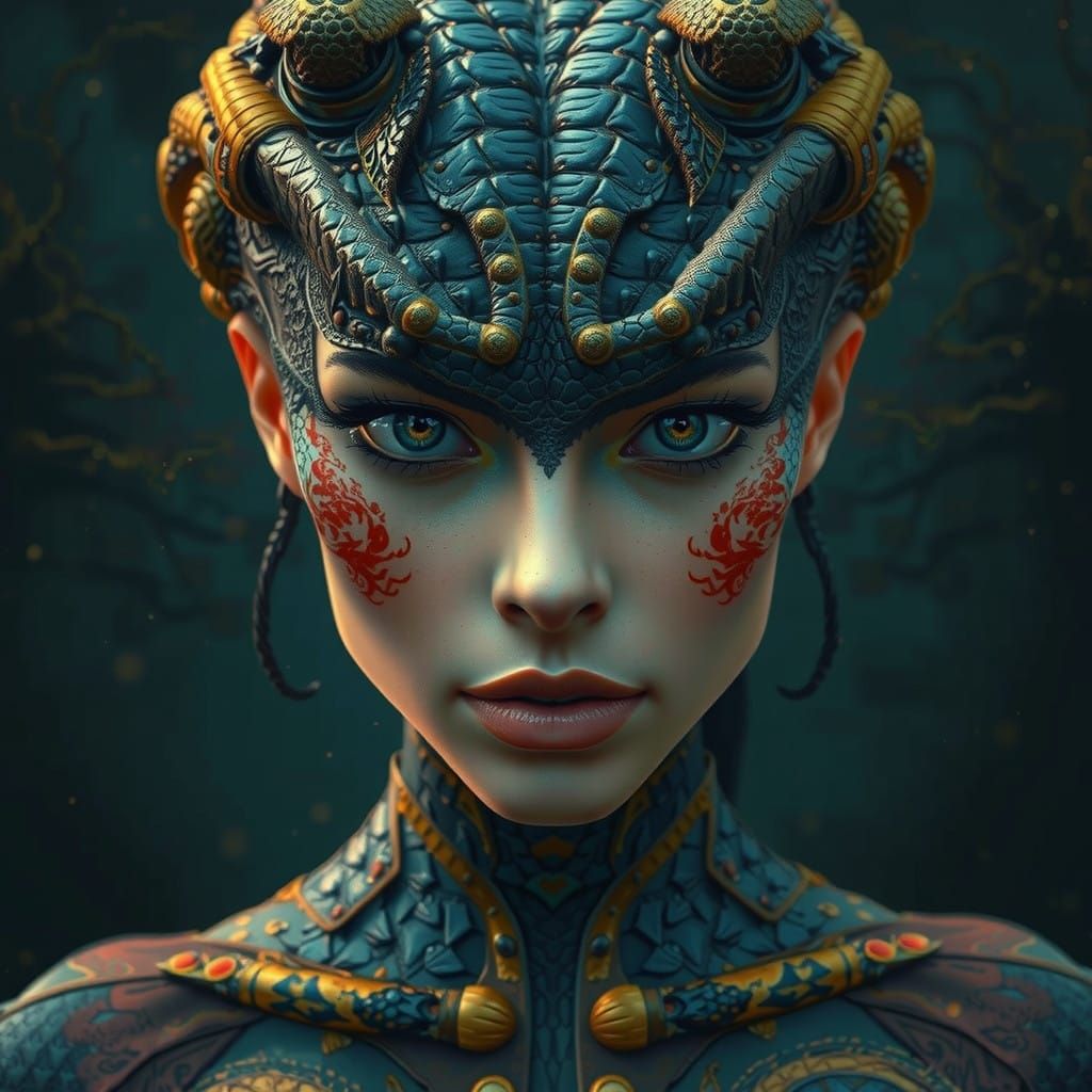 Fantasy Woman in Crocodile Skin, Ancient Forest Backdrop, 8k...