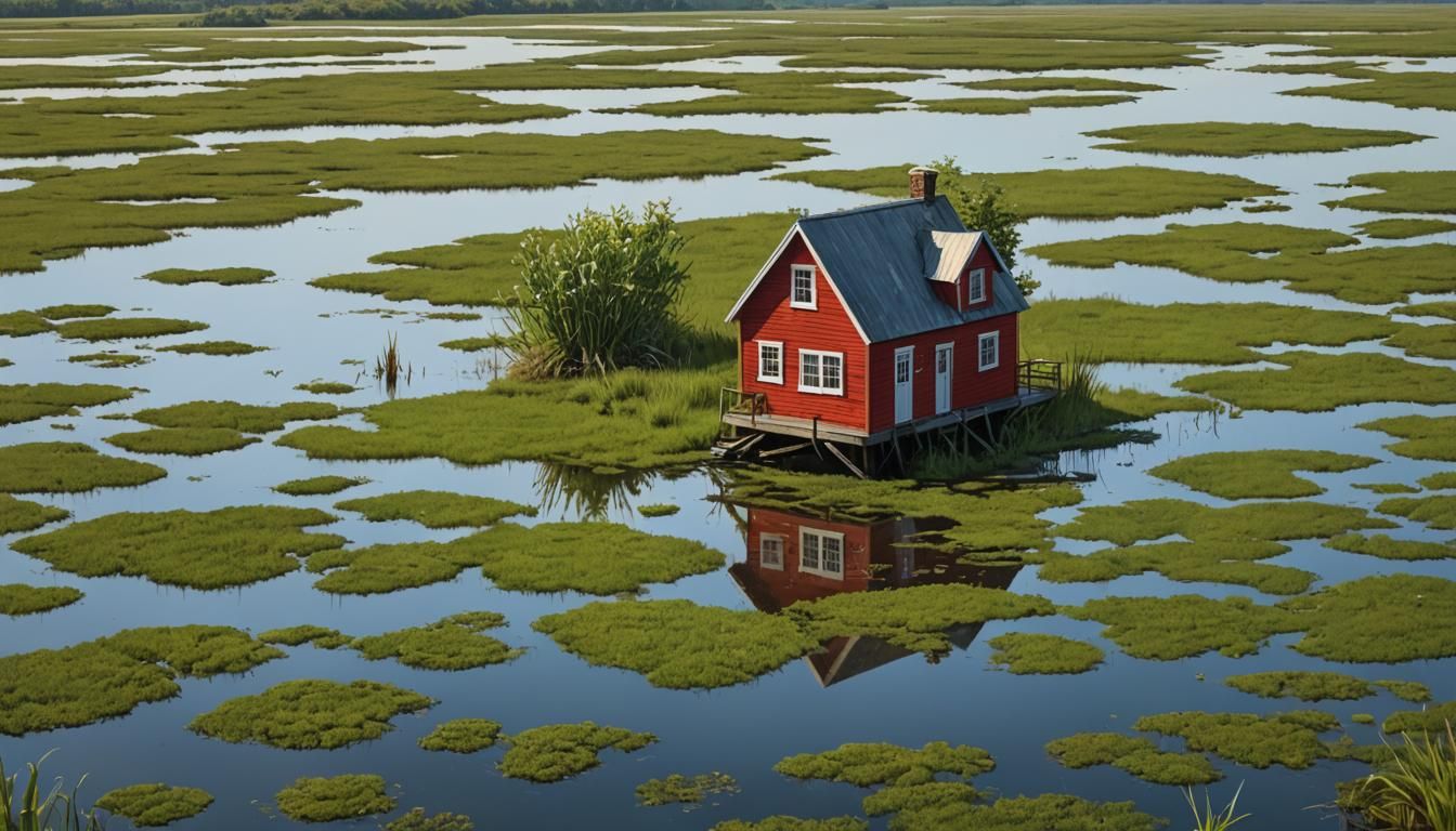 Tiny red house in the wetland high resolution detailed digit...