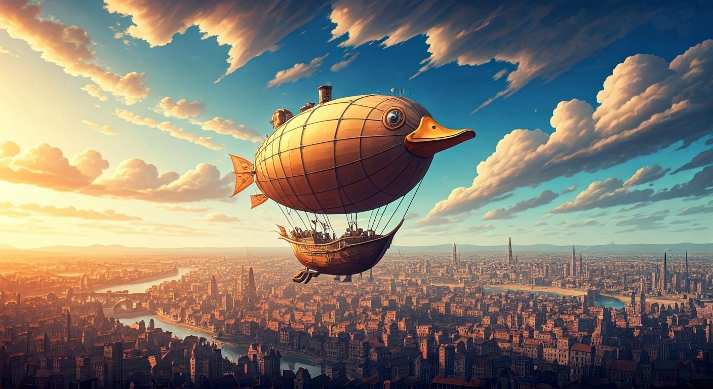 Steampunk Duck Airship Soaring Over Victorian City