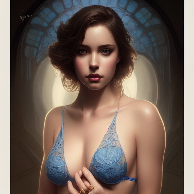 Elegant Girl in Blue Lingerie, Art Nouveau Portrait