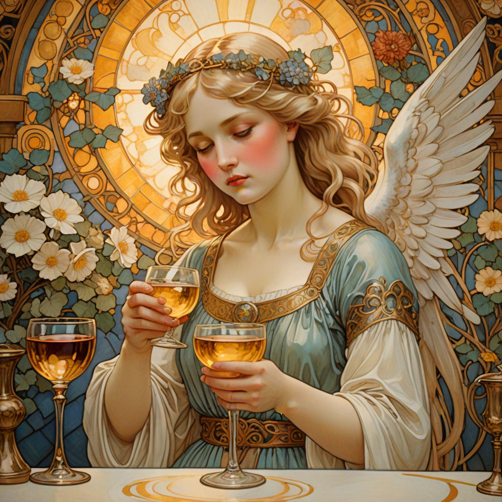 Ethereal Angeline Pouring Wine in Art Nouveau Style
