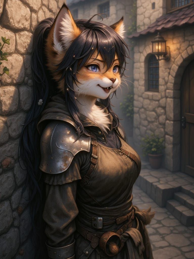 Anthropomorphic Kitten Leans Against Tavern Wall