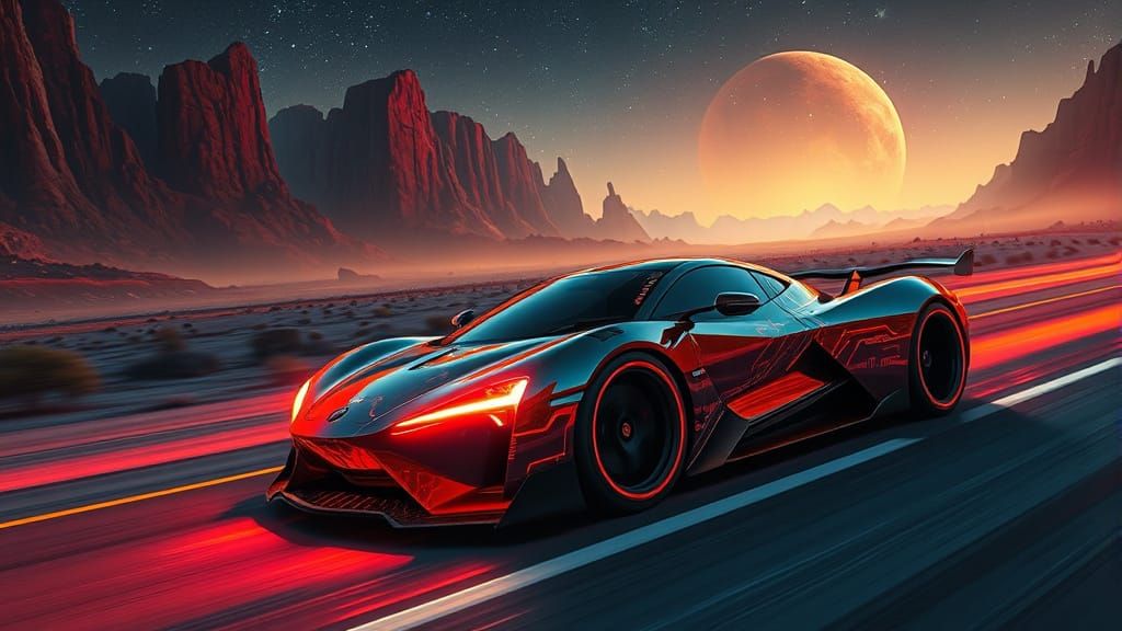 Cyberpunk Car on Alien Highway at Night