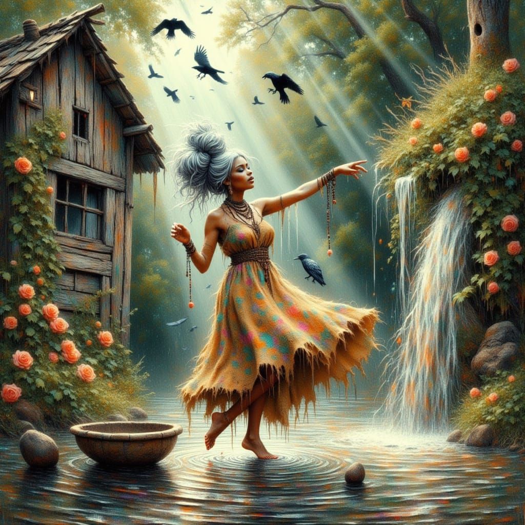 Joyful Elderly Woman Dancing in Secret Garden