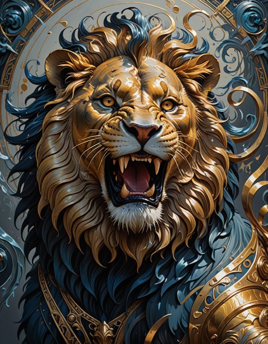 Lion-Headed Figure Roaring in Art Nouveau Style