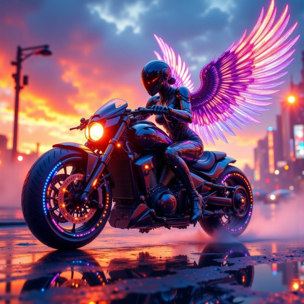 Cyber Angel Rides Neon Motorcycle at Sunset