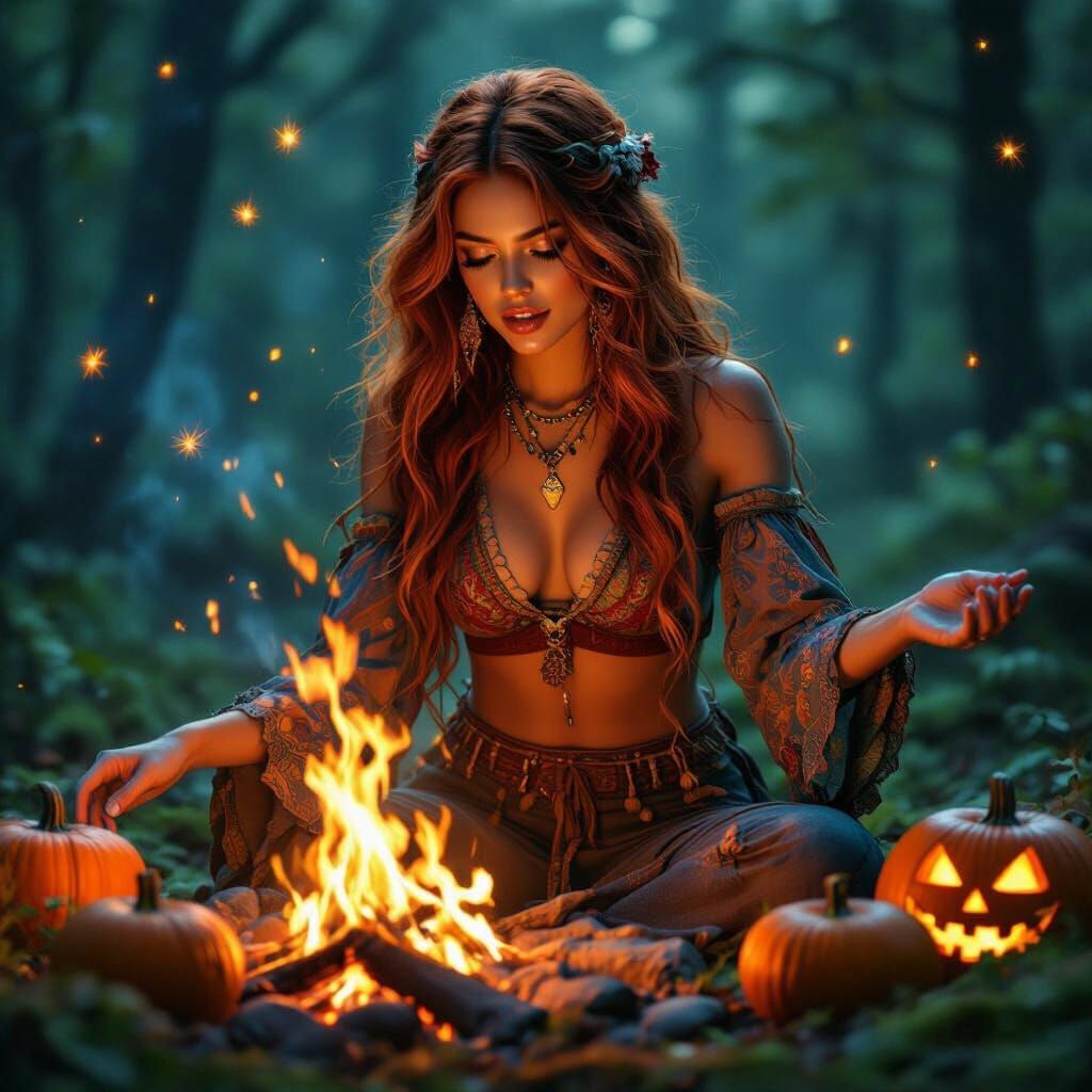 Bohemian Woman Dancing in Firelight in Mossy Woods