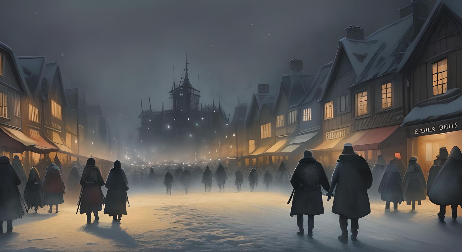 Dark Watercolor Viking City in Winter