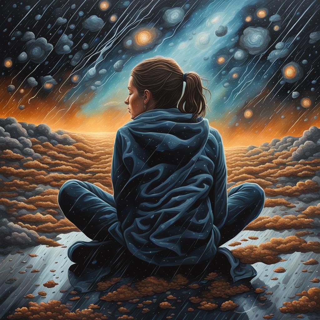 Woman in Rain with Galaxy Thoughts: Acrylic Painting