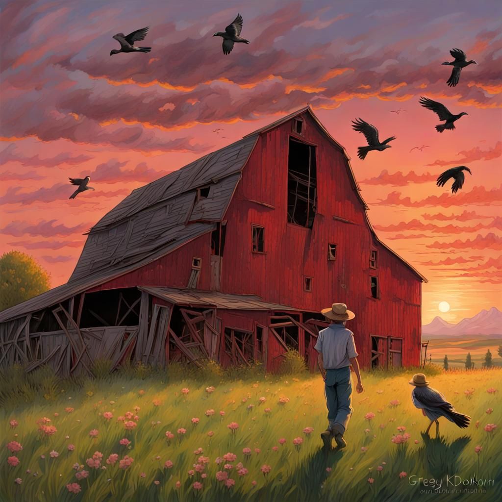 Abandoned Barn on Fire with Scarecrow, Digital Art