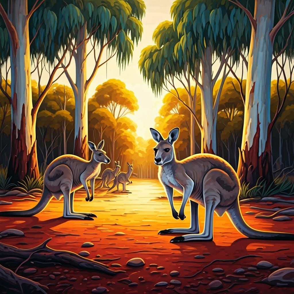 Kangaroos in Outback Clearing: Aboriginal Art Style