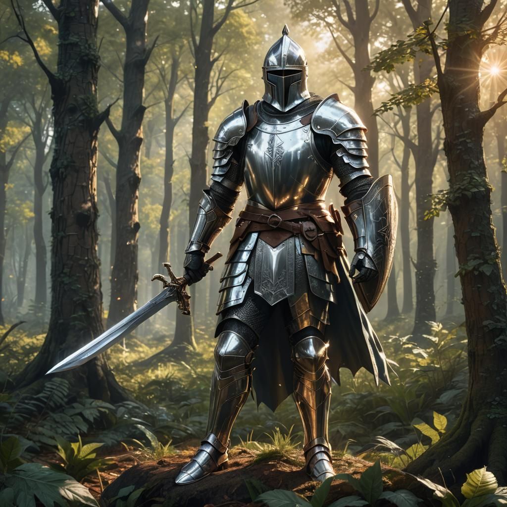 A pixelated  valiant knight in polished silver armor stands ...