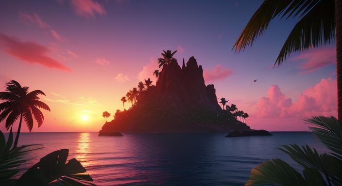 Tropical Island Sunset with Crimson Clouds