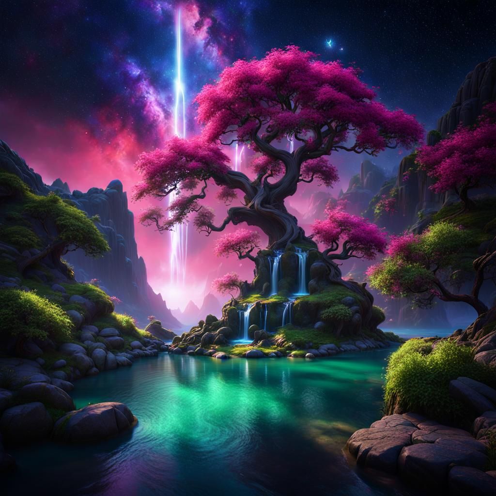 Ethereal Mountain Lake with Waterfalls and Starry Sky