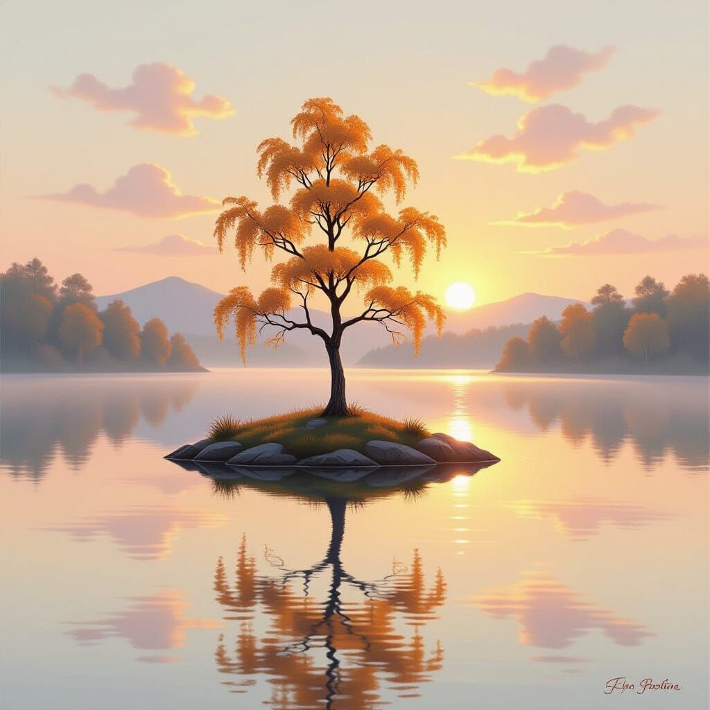 Serene Island Oasis in Golden Sunset Lake
