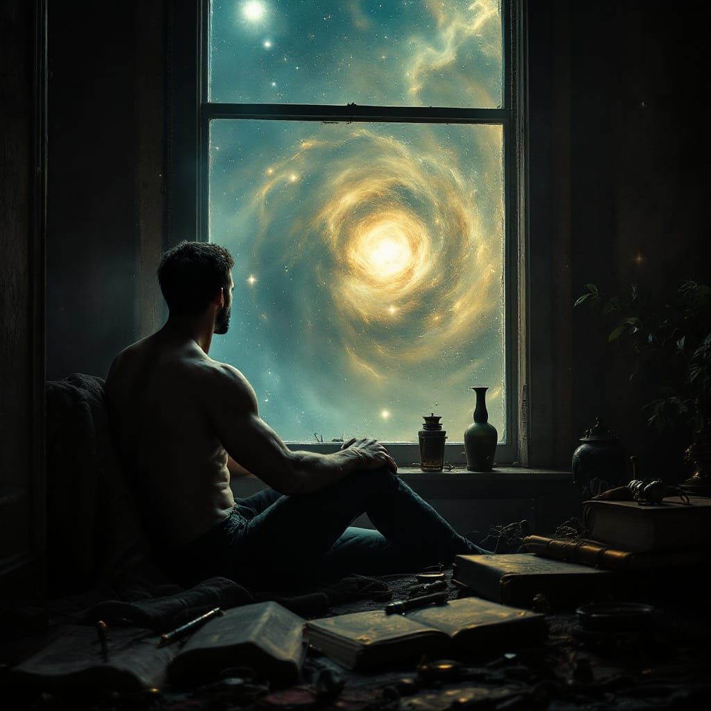 Man Gazing at Nebula in Dark Fantasy Room