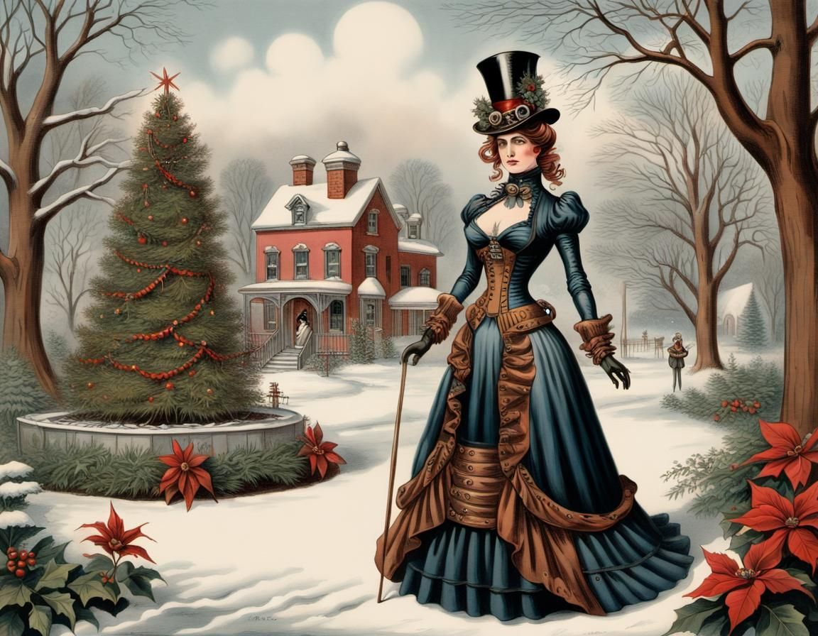 Steampunk Lady in Elegant Christmas Garden